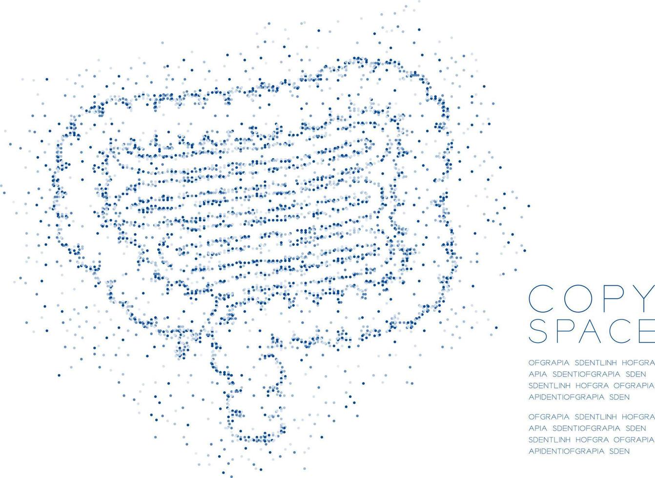 Darmform abstraktes geometrisches Kreispunkt-Pixelmuster, medizinisches Orgelkonzeptdesign blaue Farbillustration isoliert auf weißem Hintergrund mit Kopierraum, Vektor eps 10