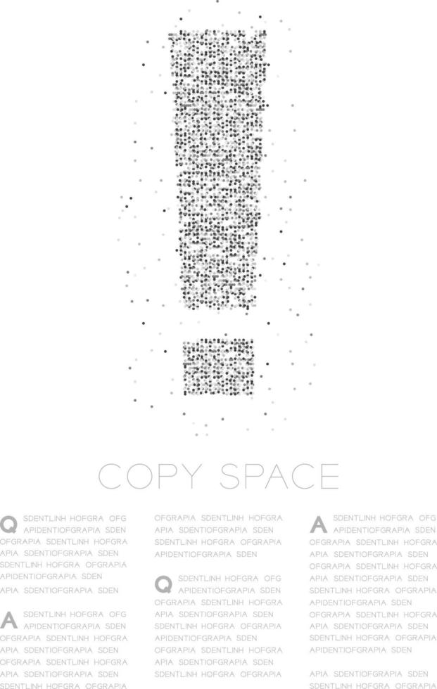 Abstraktes geometrisches Kreispunkt-Pixelmuster Ausrufezeichen-Symbol, Warnung Konzeptdesign schwarze Farbillustration auf weißem Hintergrund mit Kopierraum, Vektor eps 10