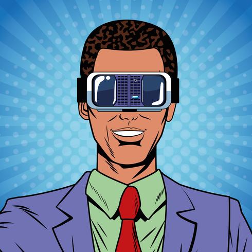 Pop-Art-Karikatur der virtuellen Realität des Geschäftsmannes vektor