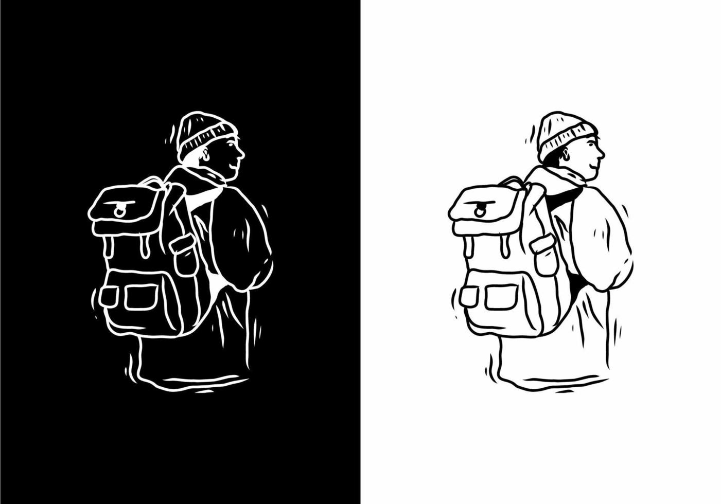 svart och vit illustration ritning av man med ryggsäck vektor