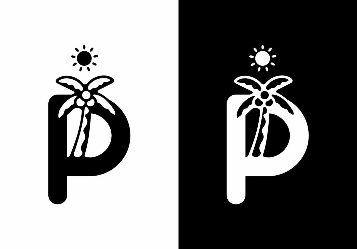Schwarz und Weiß von p Anfangsbuchstaben mit Kokospalme vektor