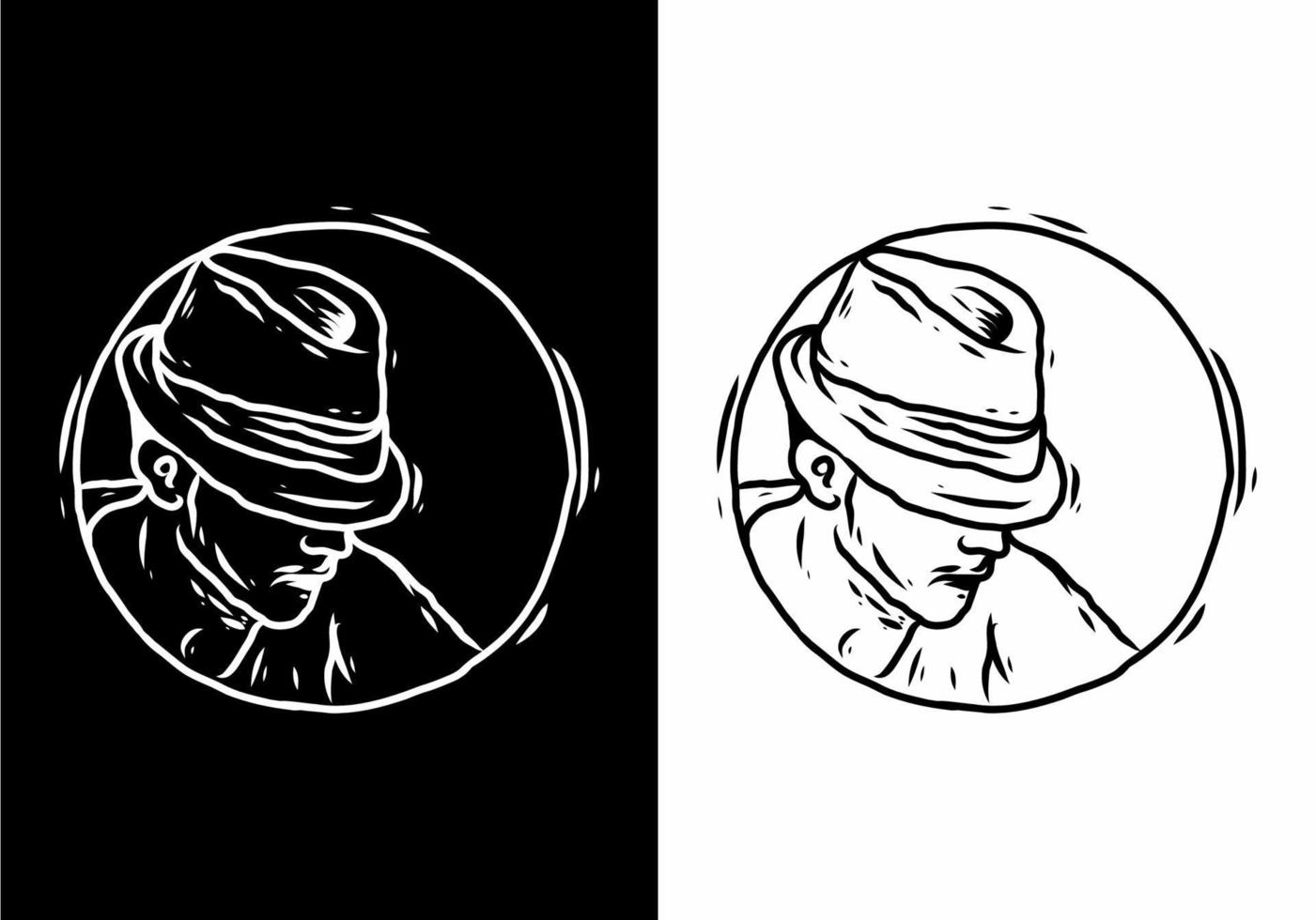 schwarz-weiße Strichzeichnungen eines Mannes mit Hut vektor