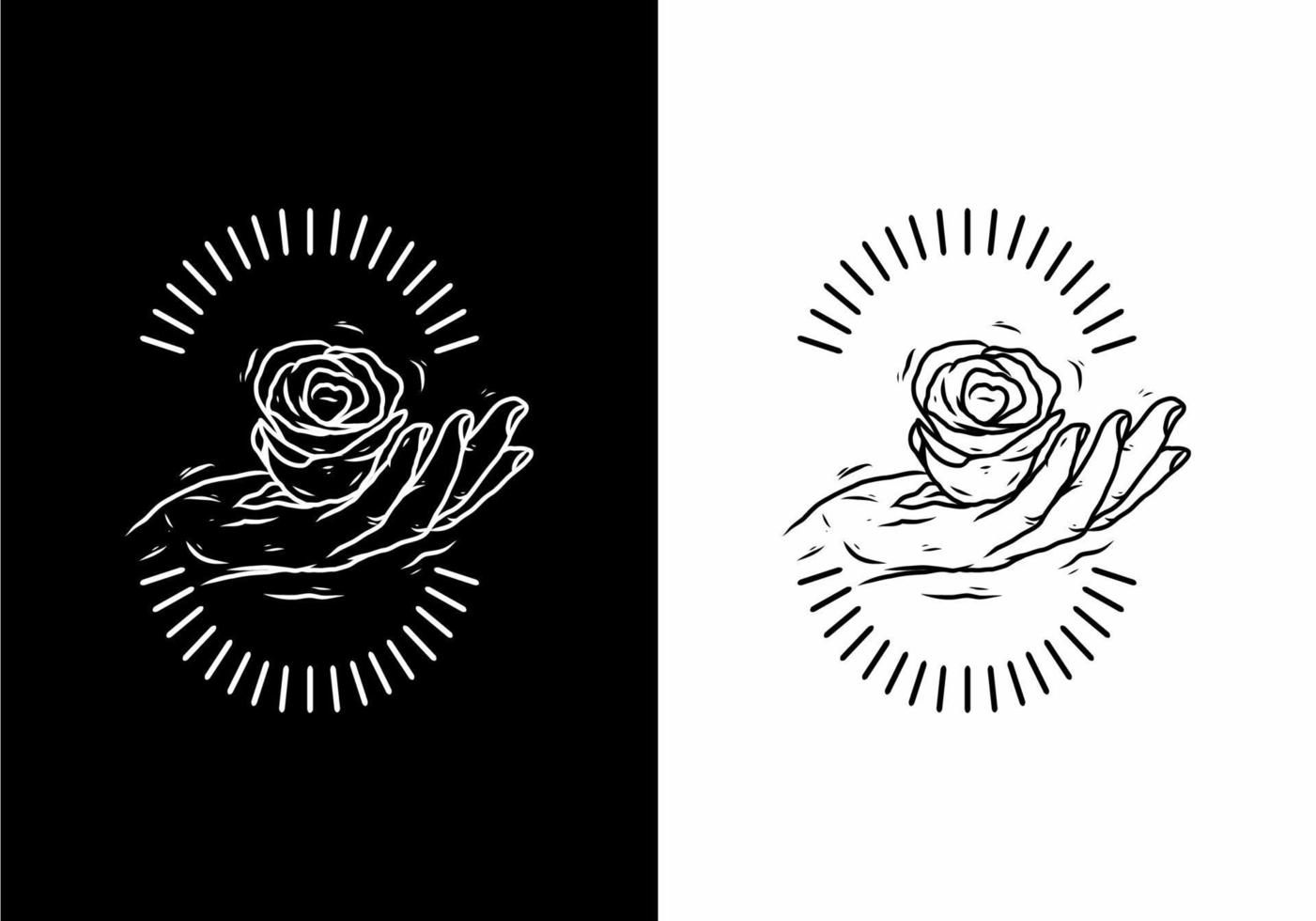 Schwarz-Weiß-Linienkunst der Hand, die Rose hält vektor