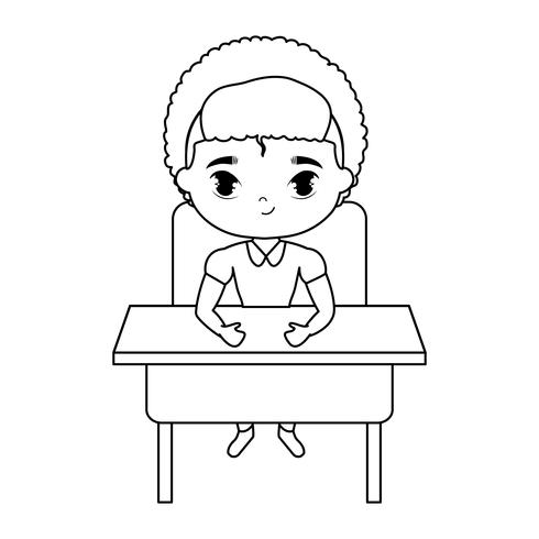 liten studentpojke som sitter i skrivbordet vektor