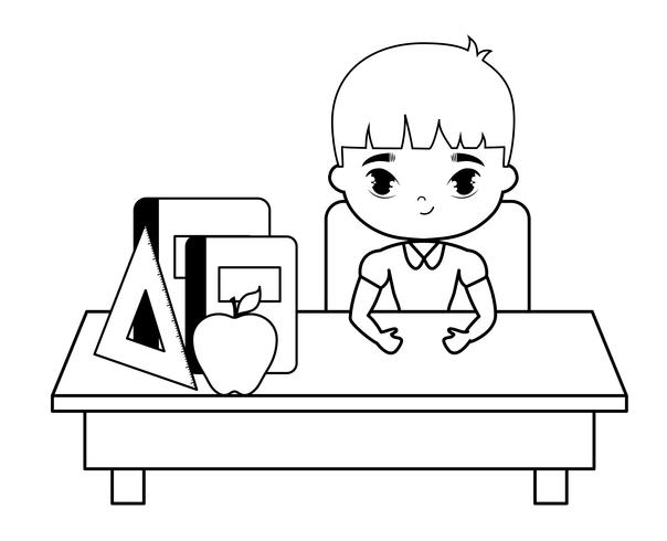 studentpojke som sitter i skrivbordet med förnödenhetsutbildning vektor