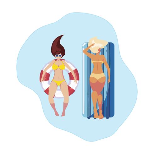 Mädchen mit Badeanzug im Bademeister und Matratze schwimmt im Wasser vektor