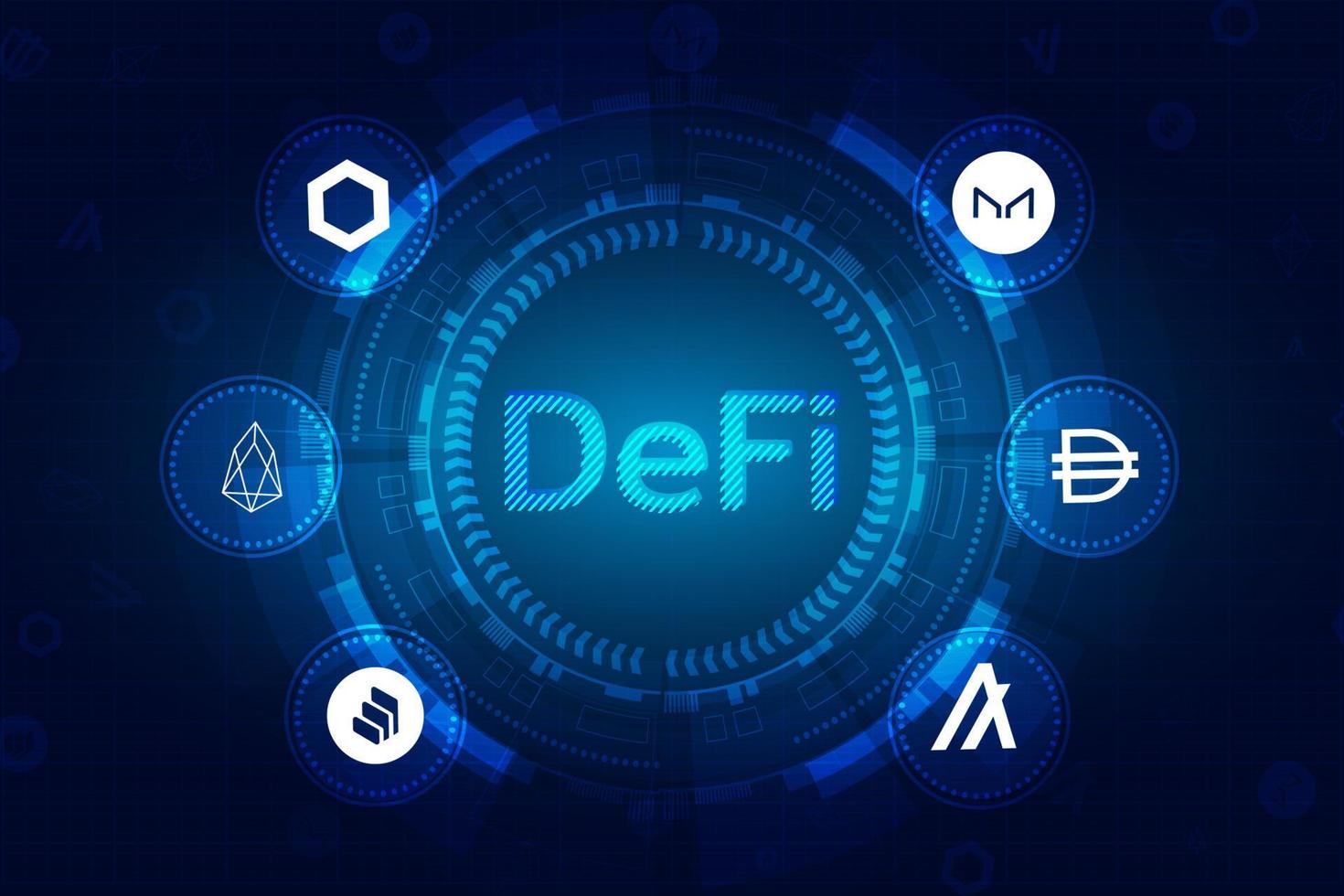 defi dezentralisierte finanzierung für den austausch cryptocurrency.finance system, blockchain und wallet.circle blue dark technology system with alt coin vector icon.