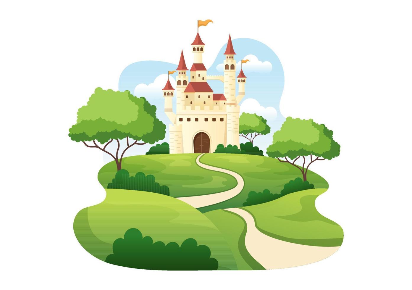 slott med majestätisk palatsarkitektur och sagoliknande skogslandskap i tecknad platt stilillustration vektor
