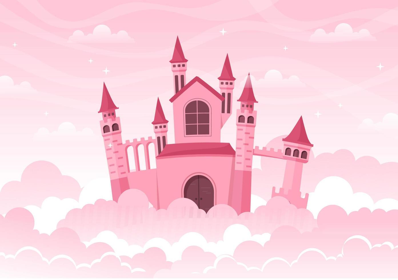 Schloss mit majestätischer Palastarchitektur und märchenhafter Landschaft in flacher Cartoon-Stil-Illustration vektor
