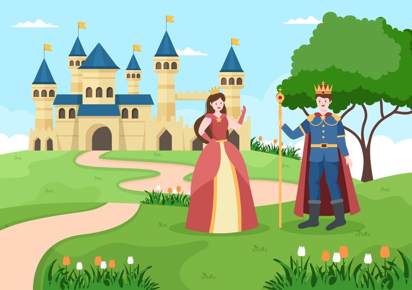 prinz und königin vor dem schloss mit majestätischer palastarchitektur und märchenhafter waldlandschaft in cartoon-flachstilillustration vektor