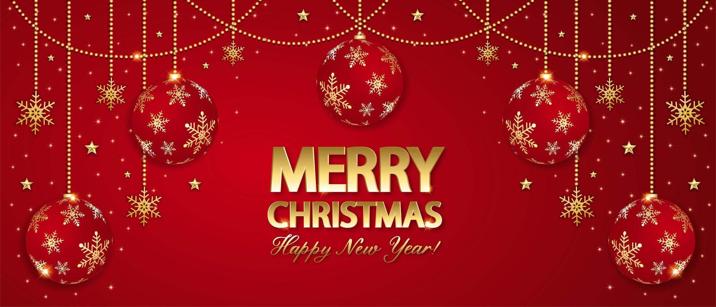 jul bakgrund med glänsande guld snöflinga, stjärna och boll. god julkort illustration på röd bakgrund. vektor