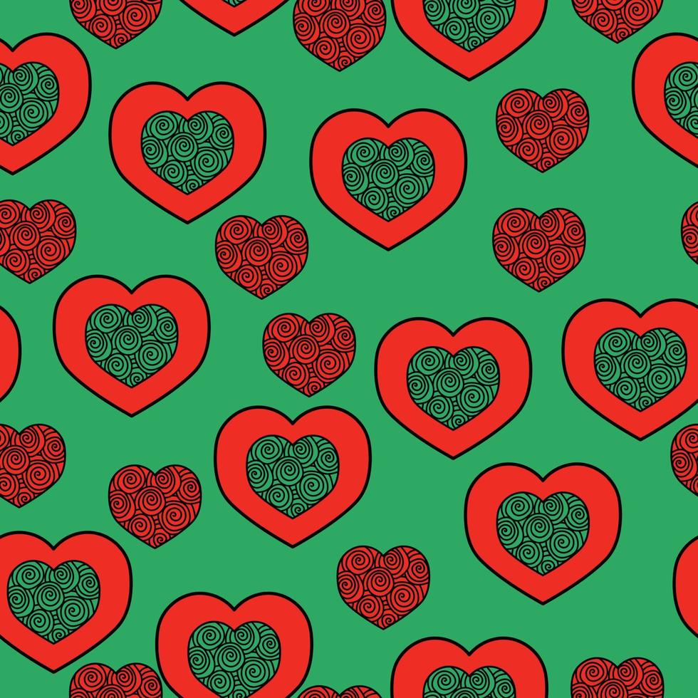 Nahtloses Muster von Spiralherzen zum Valentinstag, rote Doodle-Herzen auf grünem Hintergrund vektor