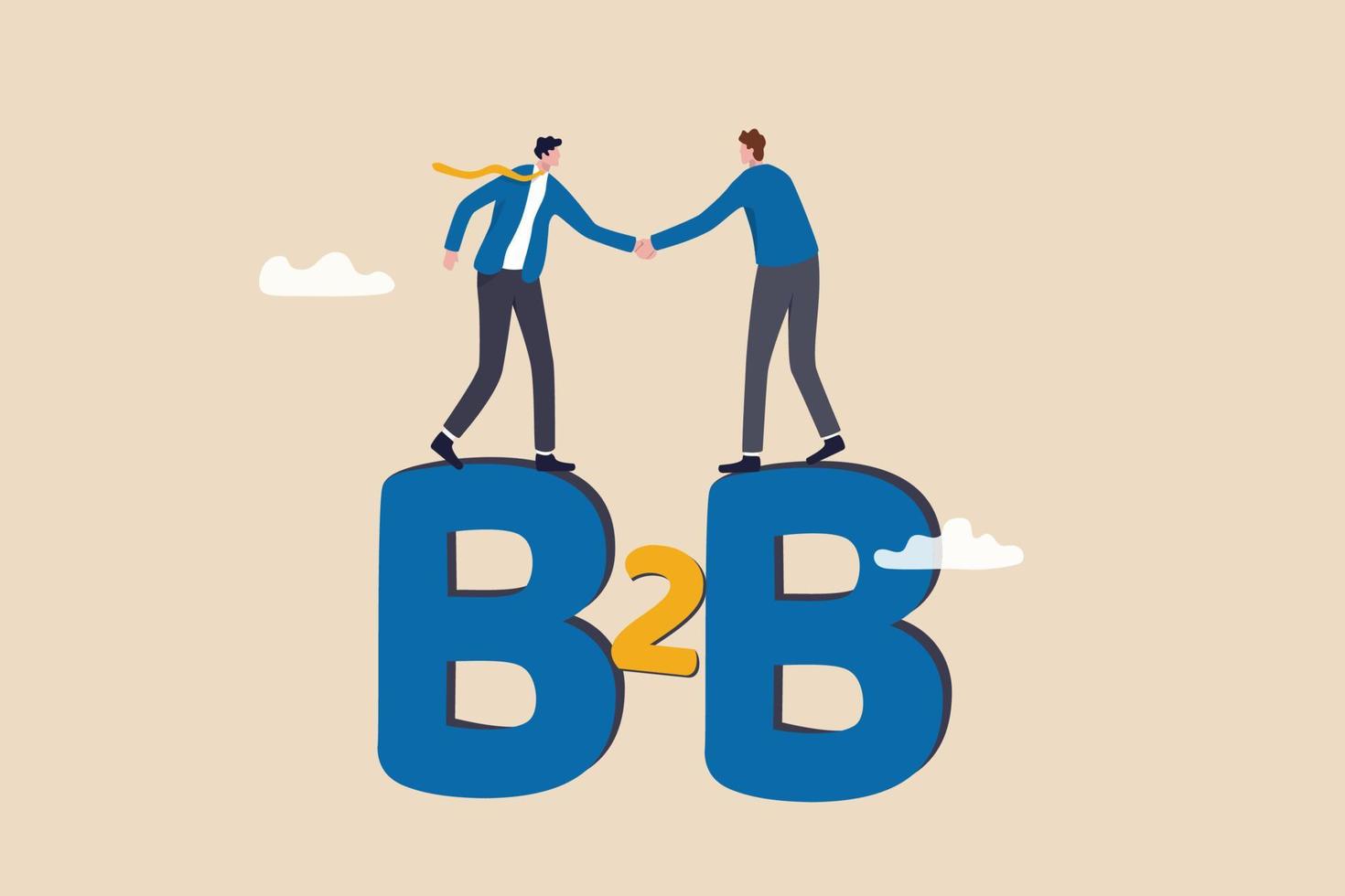 b2b business to business marketing, unternehmensvereinbarung, lieferkette oder handelsabkommen zwischen unternehmenskonzept, vertraulicher handschlag von geschäftsleuten, um geschäftsabkommen auf alphabet b2b zu vereinbaren. vektor