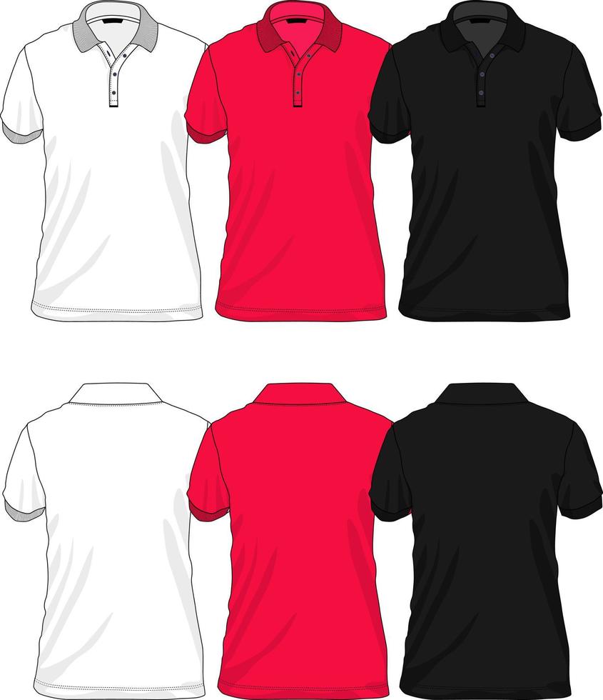 Kurzarm-Poloshirt insgesamt technische Zeichnung Mode flache Skizze Vorder- und Rückansicht. Sammlung von Polo-T-Shirts in weißer, schwarzer und roter Farbvorlagenansicht. vektor