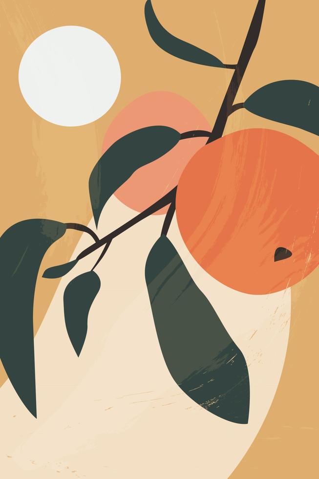 abstrakte ästhetische pfirsichfrucht auf zweig und sonnenlicht. minimalistische trendige saftige Kunst im Vintage-Stil. vektor handgezeichnete strukturierte illustration für tapeten, druck, lebensmittelposter, karte