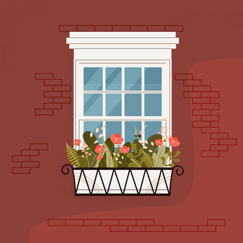 Fenster mit Pflanzen und Grün dekoriert. Dekoration der Fassade des Gebäudes mit lebenden Blumen. farbige flache vektorillustration vektor