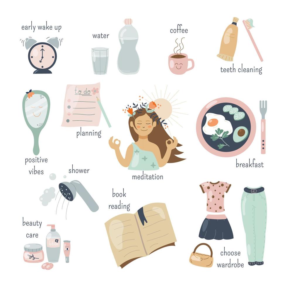 tägliche frauenmorgenroutine niedliche infografik mit meditation, täglicher hygiene, lesen von büchern und planen, gesunder ernährung und kleidungsauswahl. Cartoon-Vektor-Illustration vektor