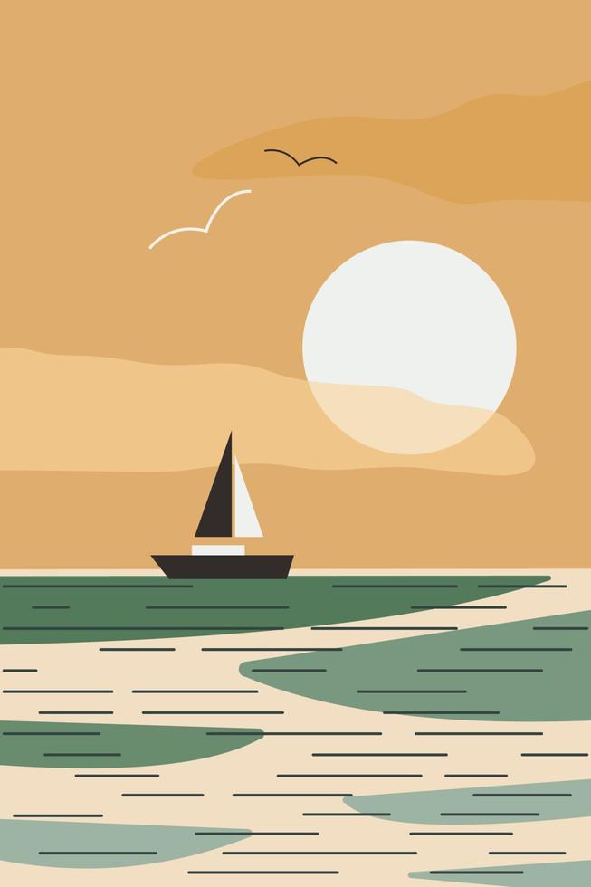 abstrakte minimalistische seelandschaft mit boot und vögeln bei sonnenuntergang. moderne flache vektorillustration für wanddekor, abdeckung, plakat, flyer, sommerreisebürowerbung vektor