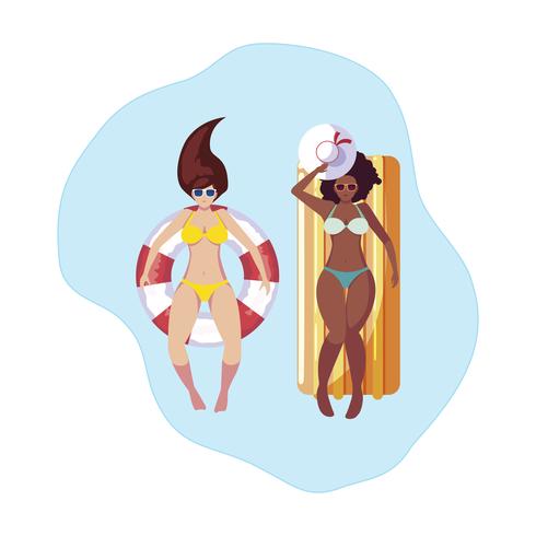 interracial flickor med baddräkt och livräddare flyter i vatten vektor