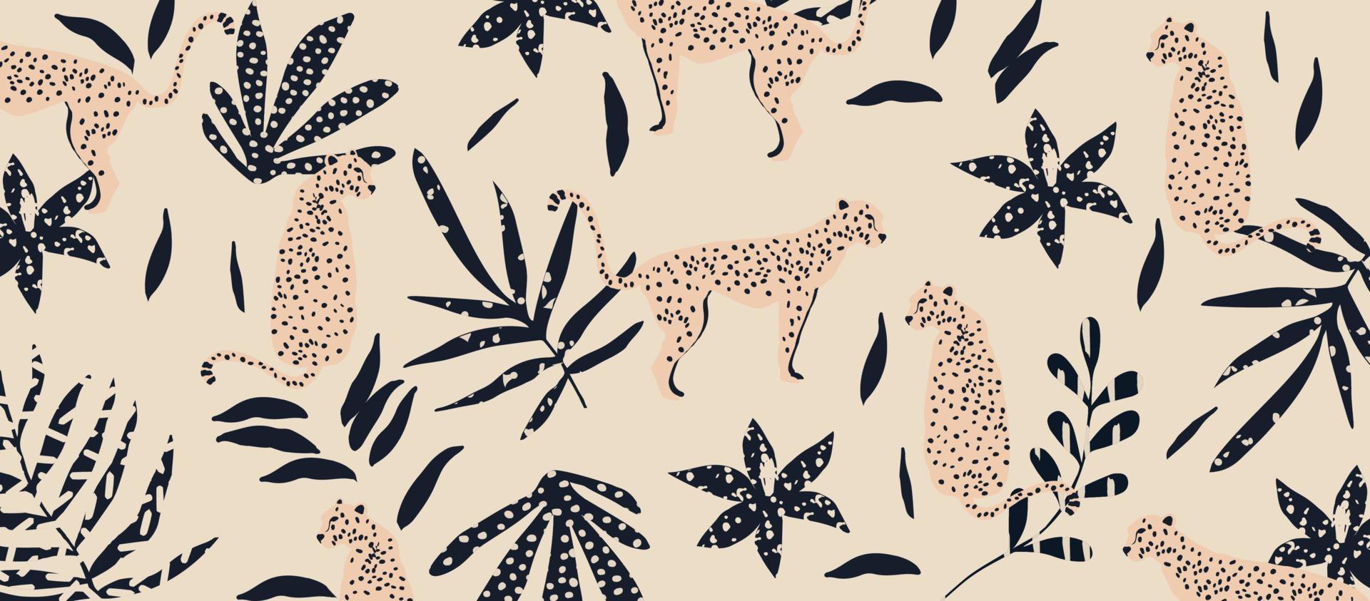 modisches und modernes Tiermuster mit Leoparden. Leoparden und Blätter Vector Illustration Design