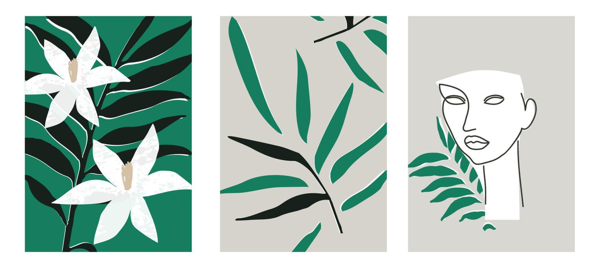 satz von drei abstrakten minimalistischen plakaten mit frauengesicht, blättern, blumen und zweigen. Blattzeichnung, natürliche Kunstdruckvektorillustration. Pflanzendesign für Hintergrund, Tapete, Karte, Wandkunst vektor