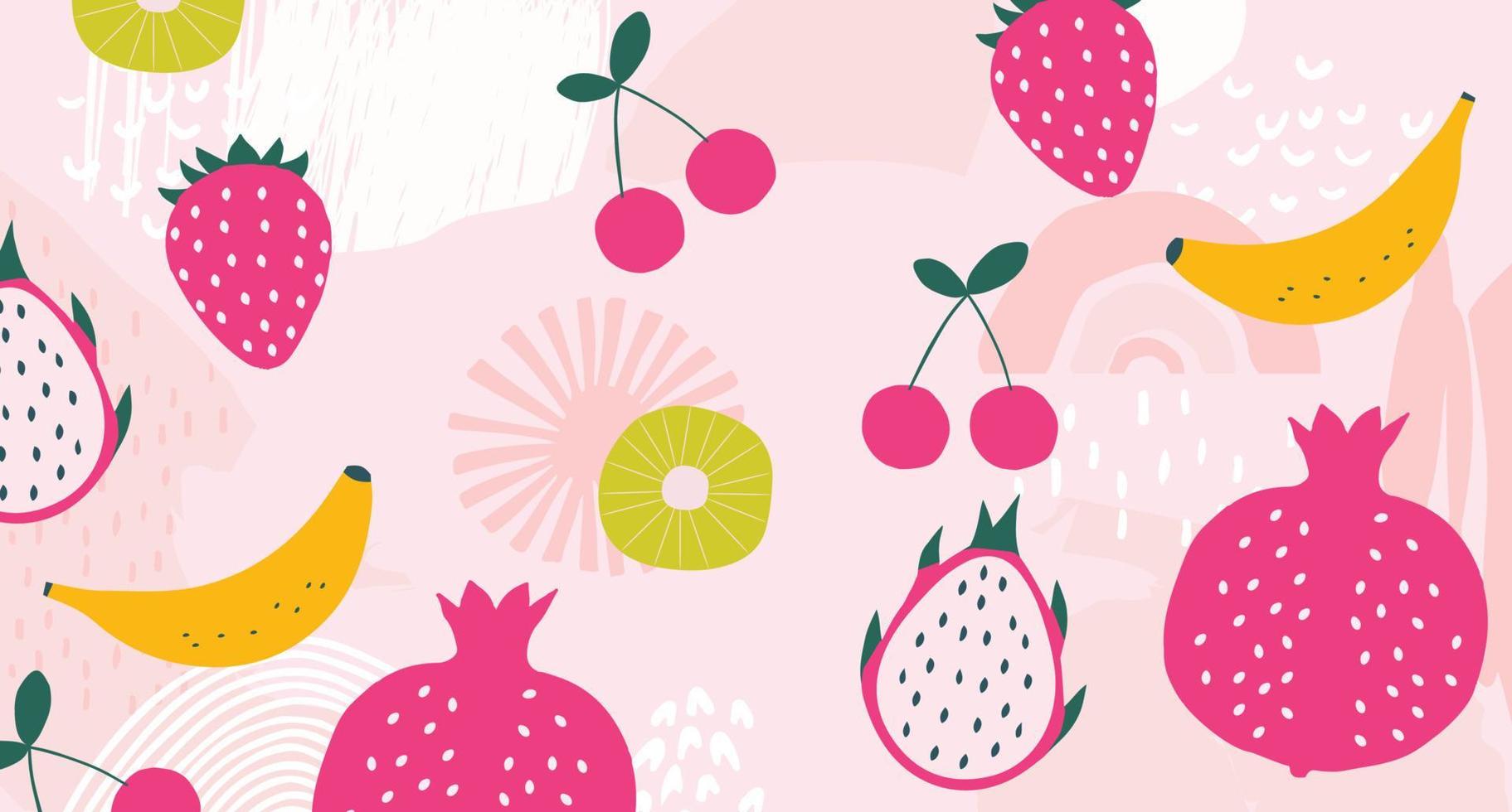 exotisk frukt affisch. sommar tropisk design med frukt, banan, jordgubbar, granatäpple, pitaya, körsbär, kiwi färgglada mix. hälsosam kost, vegansk mat bakgrund vektorillustration vektor