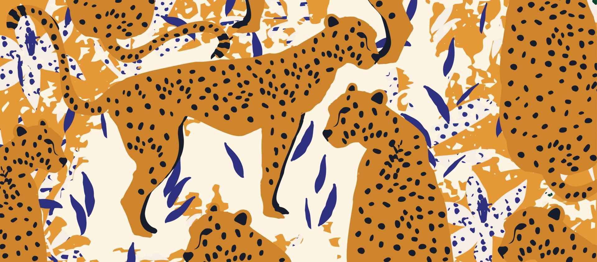 modisches und modernes Tiermuster mit Leoparden. Leoparden und Blätter Vector Illustration Design