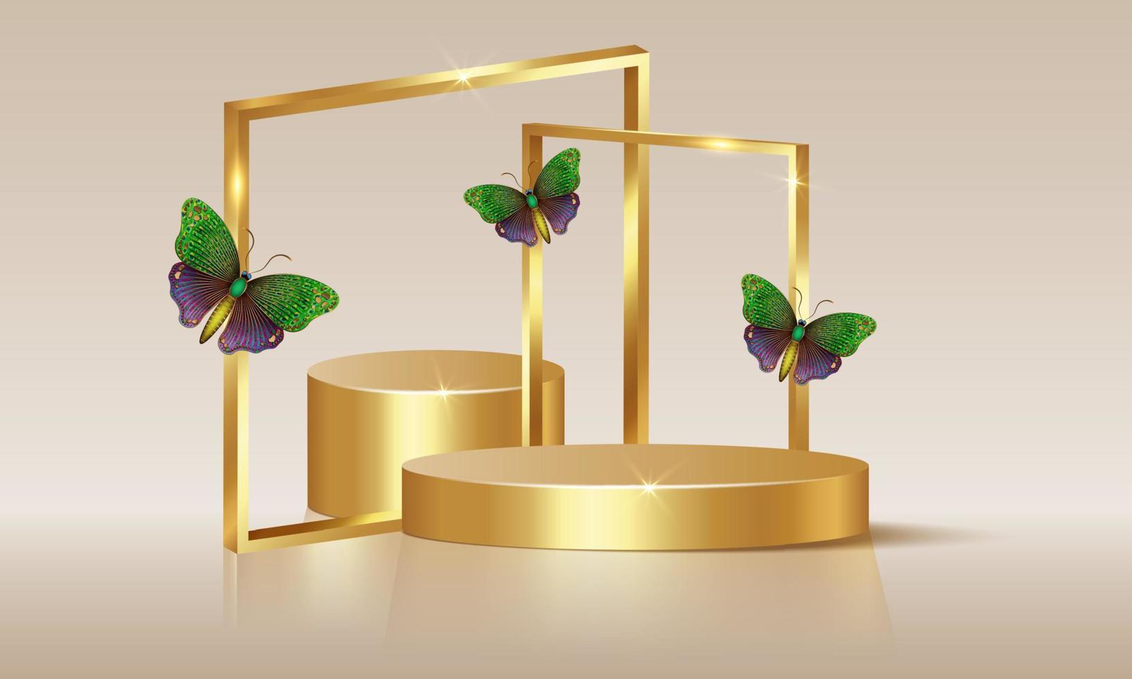 3D leere Bühne mit goldenen quadratischen Bögen, die mit bunten Schmetterlingen verziert sind, Vektor isoliert auf beigem Hintergrund. Vitrine mit leerem Podium und Blumenarrangement, kommerzielles Produktdisplay-Mockup