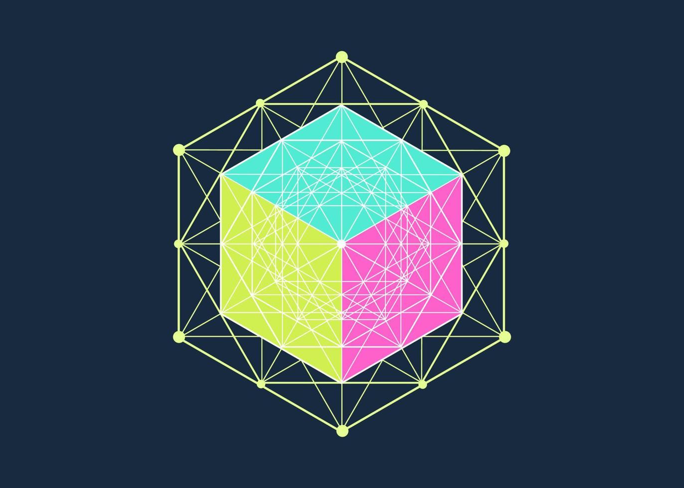 matematisk 3d solid kub, hexagonal mandala, helig geometri, magiskt hexagram. abstrakt geometriskt mönster element linjedesign. mystisk färgglad ikon platonisk solid vektor isolerad på blå bakgrund