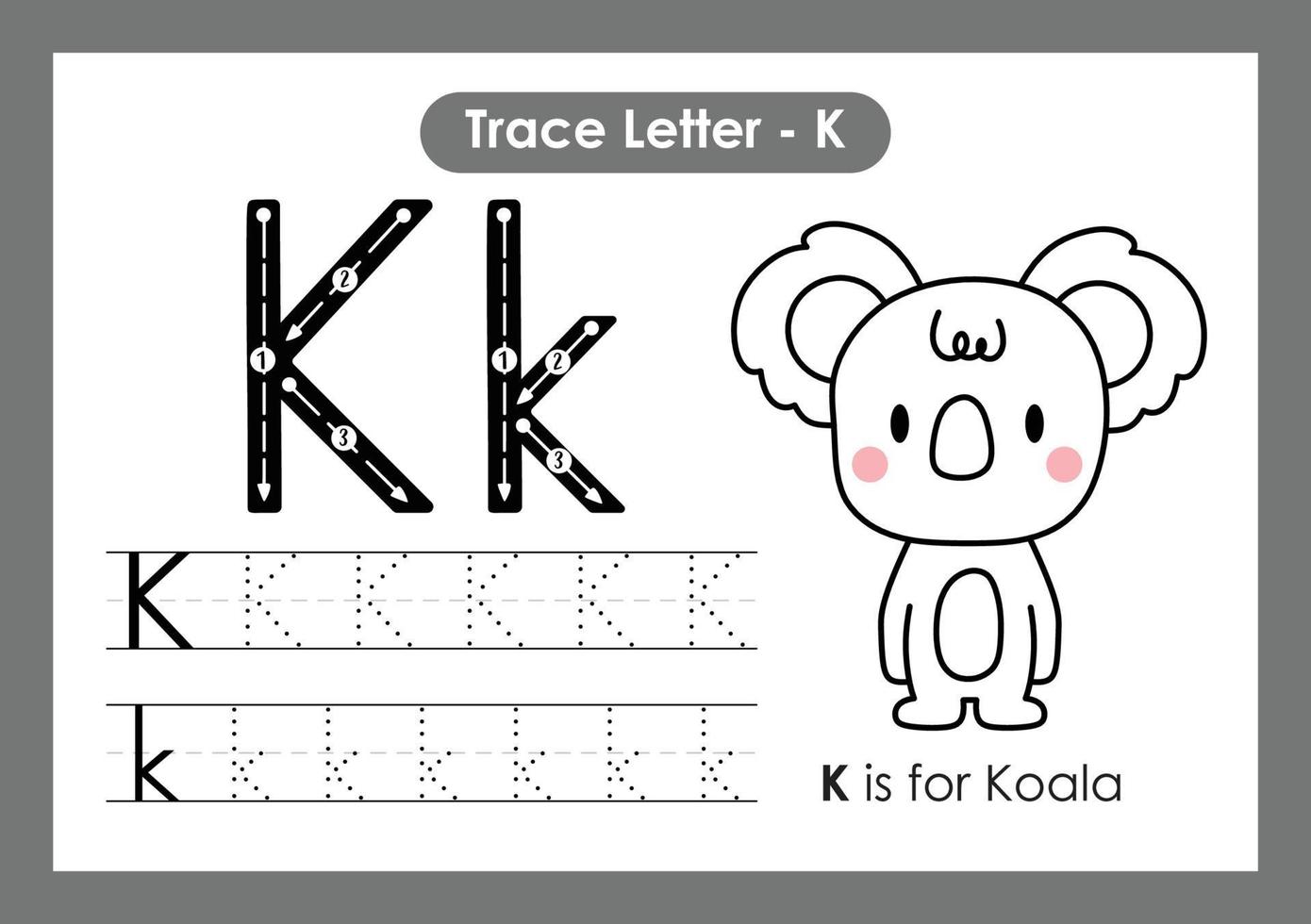 alfabetet spåra bokstaven a till z förskola arbetsblad med bokstaven k koala vektor