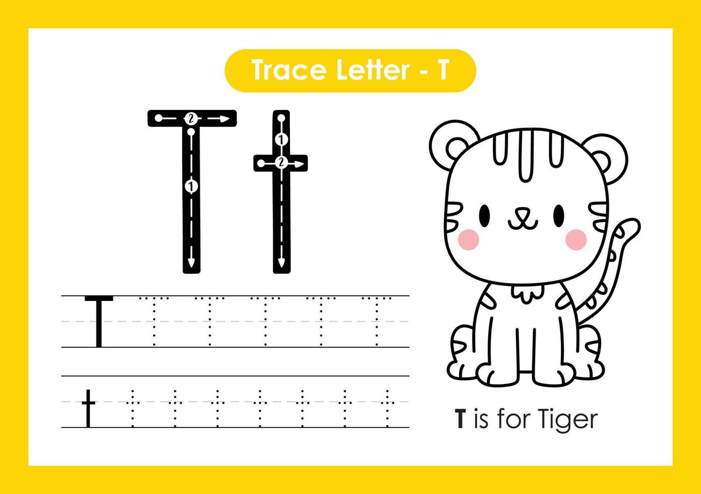 alphabet spur buchstabe a bis z vorschularbeitsblatt mit buchstabe t tiger vektor