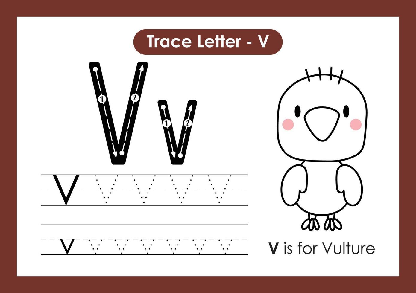 alphabet spur buchstabe a bis z vorschularbeitsblatt mit buchstabe v geier vektor