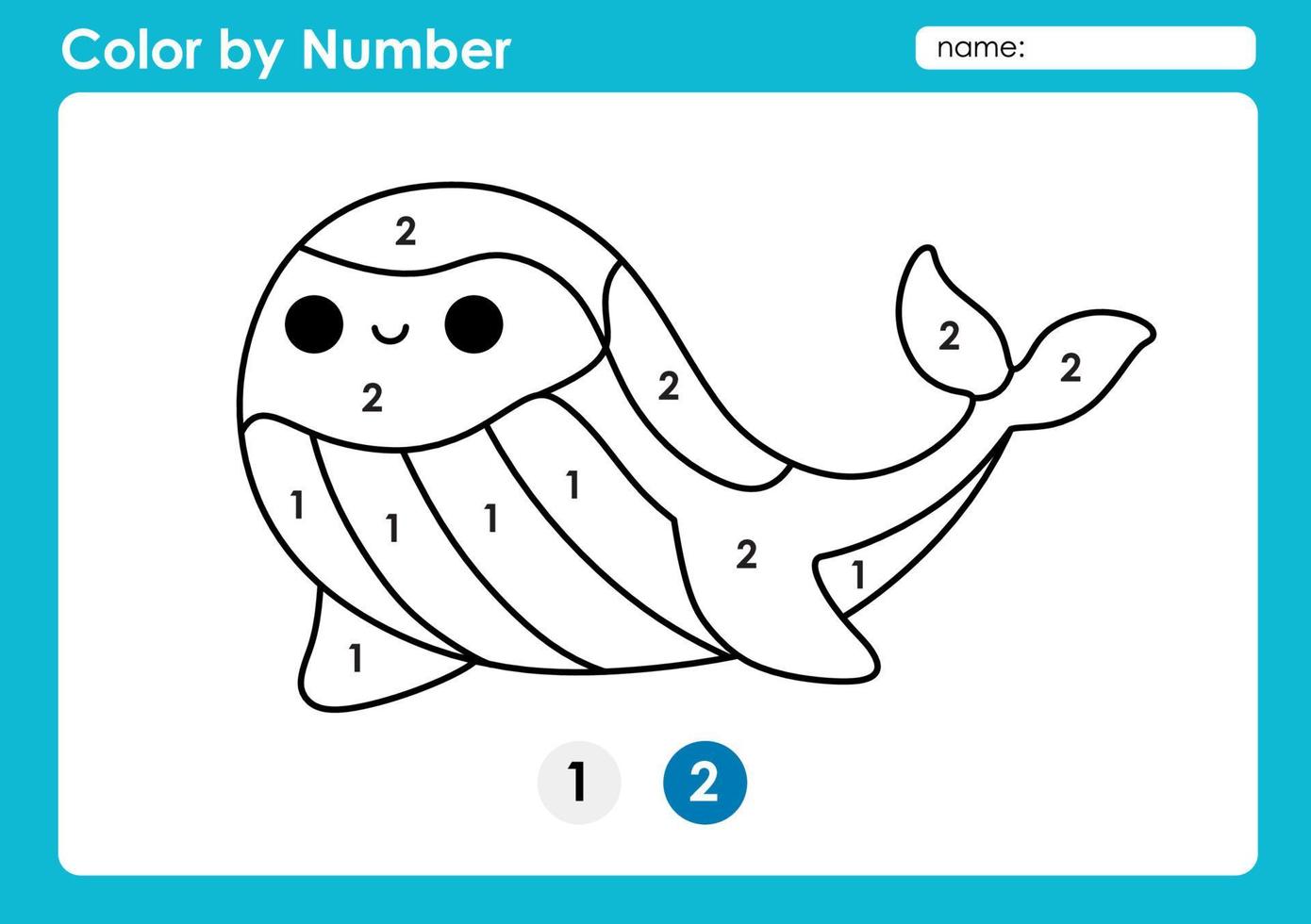 Malen nach Zahlen-Arbeitsblatt für Kinder, die Zahlen lernen, indem sie Wale färben vektor