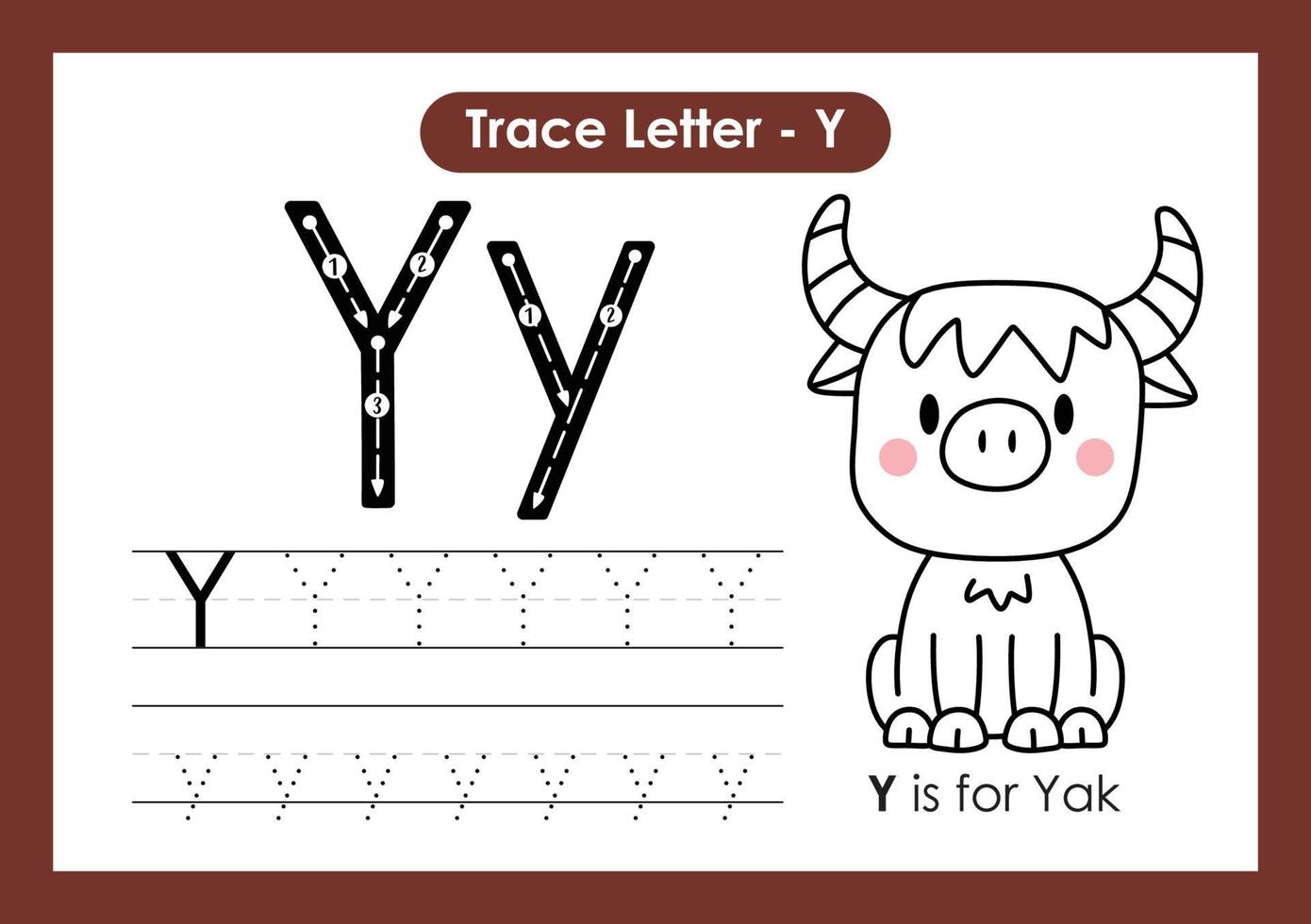alfabetet spåra bokstaven a till z förskola arbetsblad med bokstaven y yak vektor