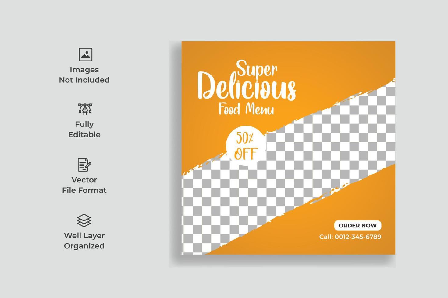 Design von Food-Burger-Social-Media-Postvorlagen. Design von Banner-Vorlagen für köstliche Speisen in den sozialen Medien vektor