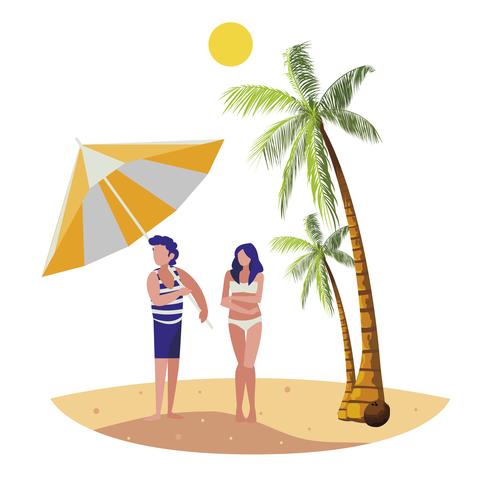 ung pojke med kvinna på sommarscenen på stranden vektor
