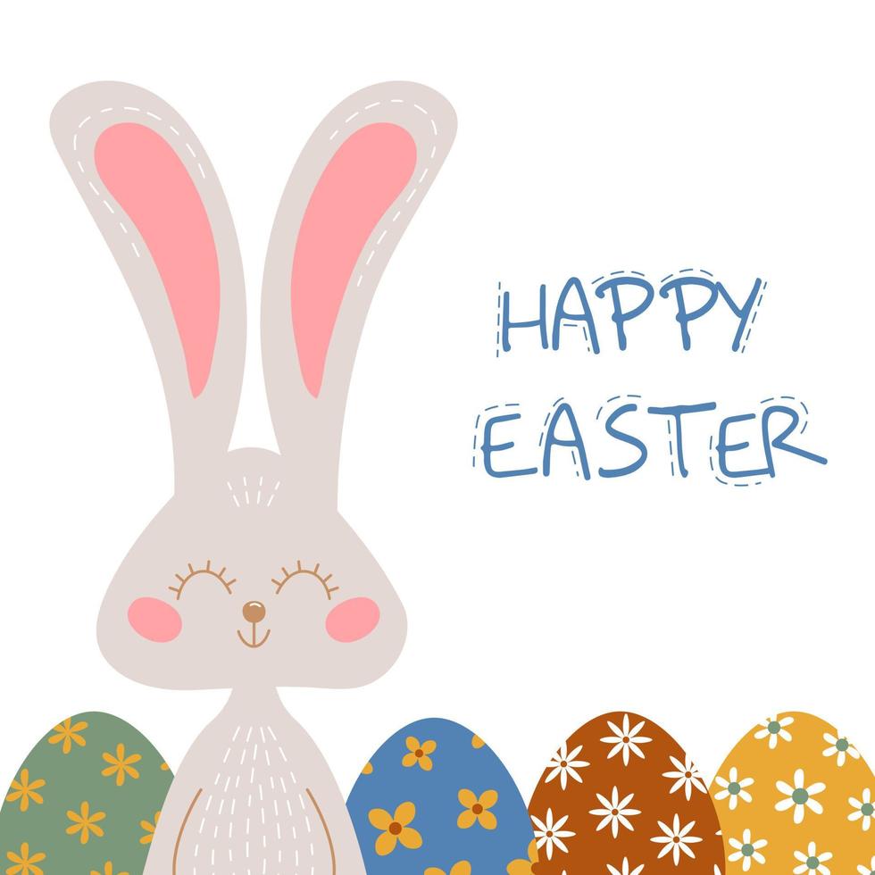 glad påsk färgat gratulationskort med kanin och färgade ägg. vektor vykort med söt kanin.