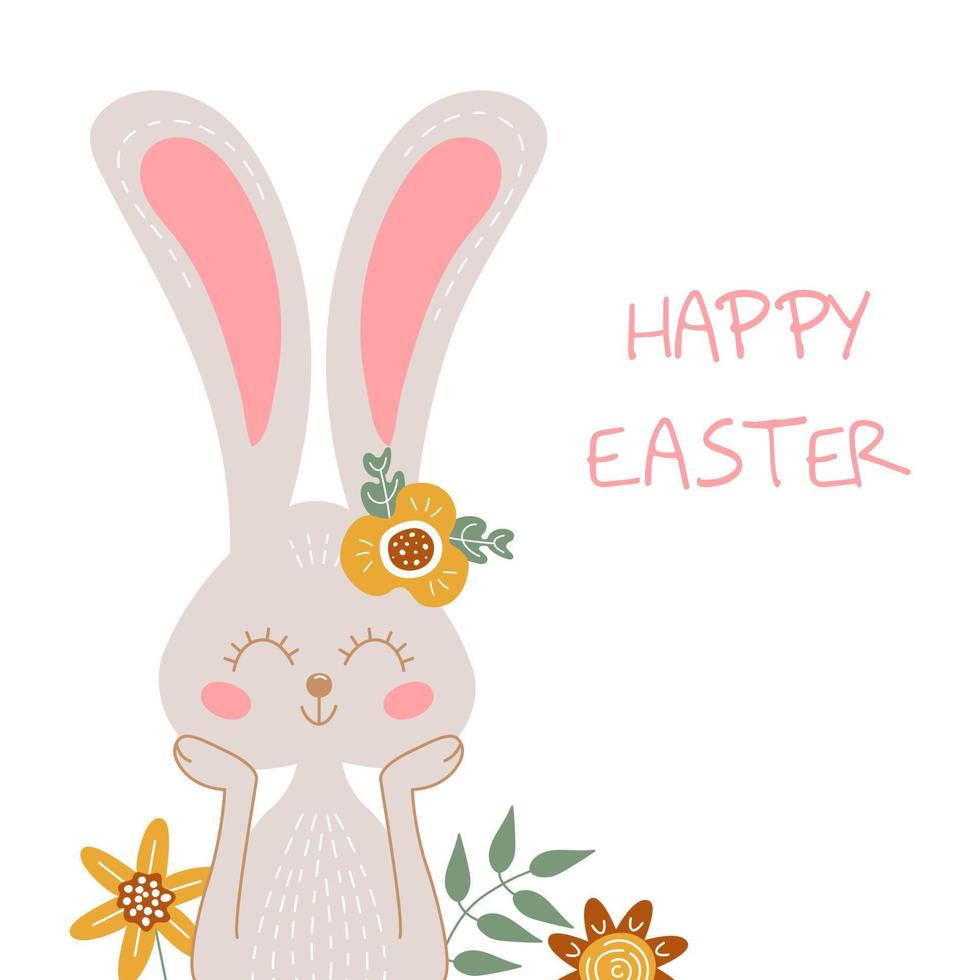 Frohe Ostern farbige Grußkarte mit Kaninchen und Blumen. vektorpostkarte mit niedlichem lächelndem kaninchen. vektor
