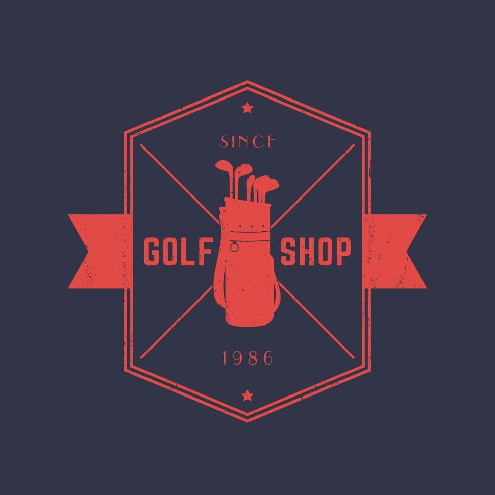 golfbutik, vintage emblem, logotyp med golfbag och klubbor vektor