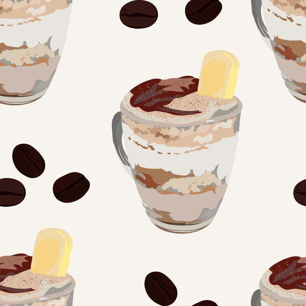 Vektor Stock Illustration von Tiramisu. traditionelles italienisches Dessert mit Löffelbiskuits und Schlagsahnekäse. Zuckerbiskuitkuchen. Nahtloses Muster. für Packpapier. ideal für tapeten, surfen