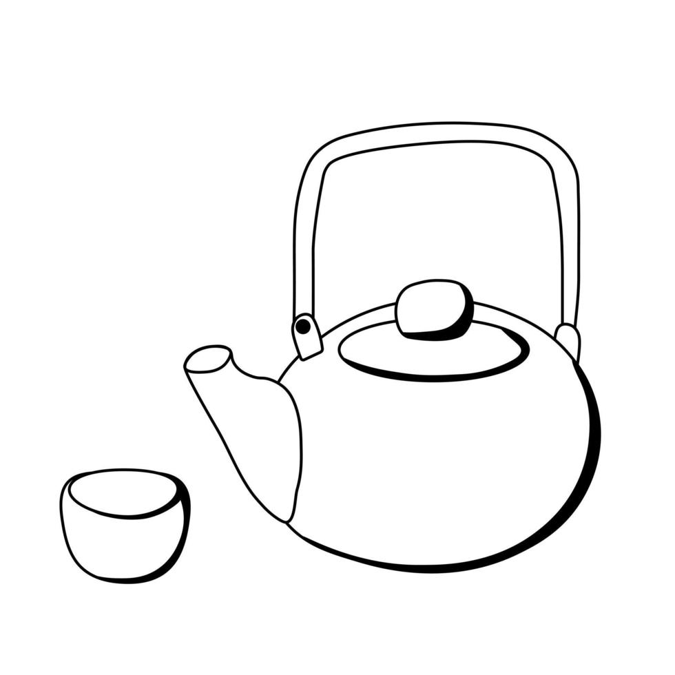 Teekanne und Schüssel. Vektorvorratillustration. Schwarz-Weiß-Zeichnung. doodle.isolated auf weißem Hintergrund. vektor