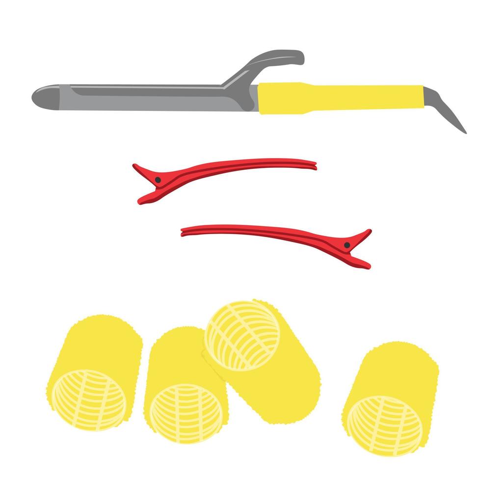 papiljotter och locktång för lockigt hår vektor stock illustration. frisörverktyg för lockiga lockar. isolerad på en vit bakgrund.