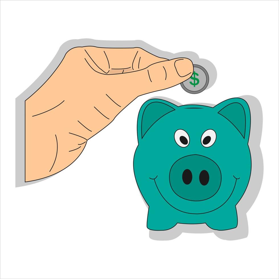 Illustration einer Hand, die eine Dollarmünze in ein Sparschwein steckt. Cartoon-Vektor-Illustration vektor