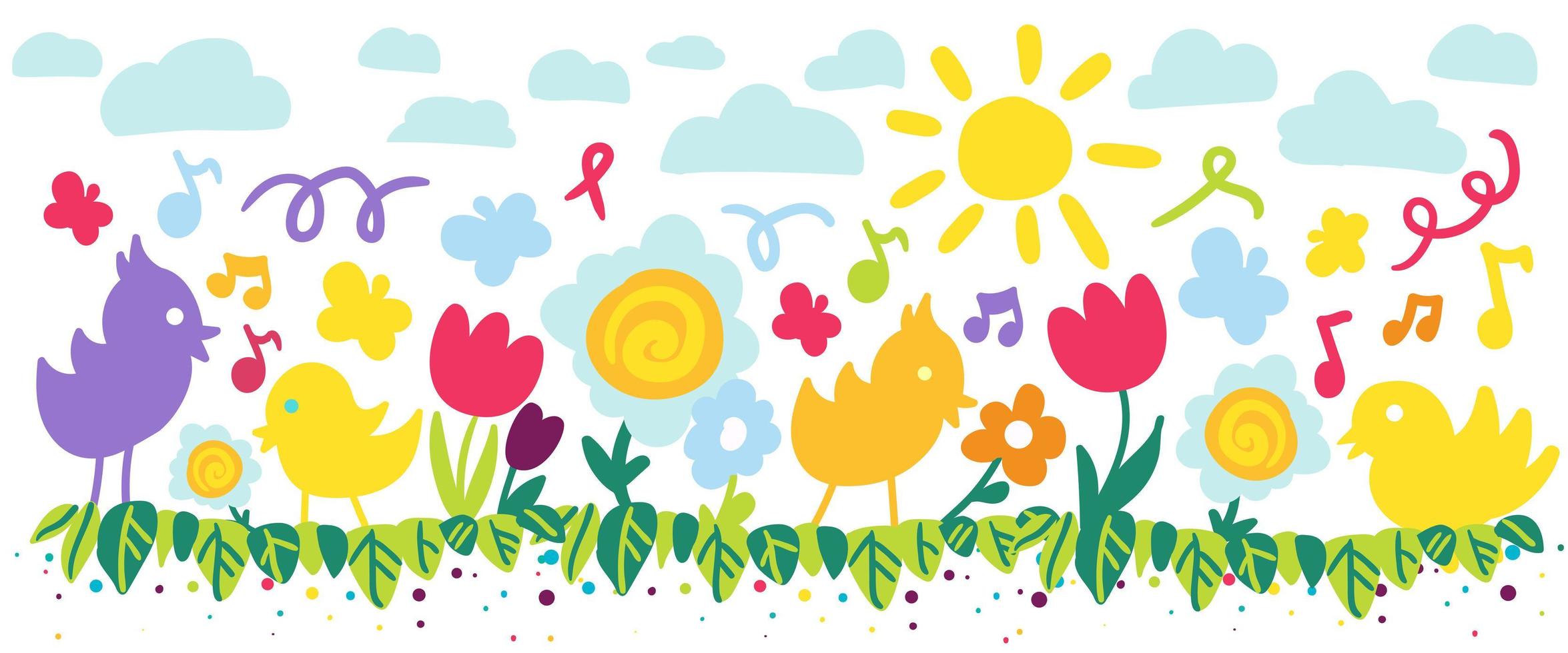 Kinder Sommer Farbe Blume und Vogel Illustration vektor