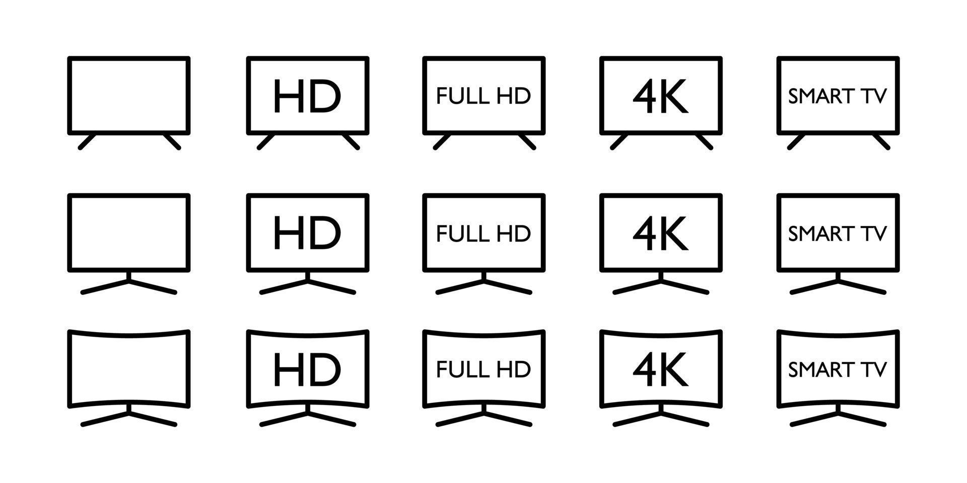 tv-icon-set, enthält symbole wie monitor, hd, full hd, 4k und smart tv, erweiterter strich, vektor