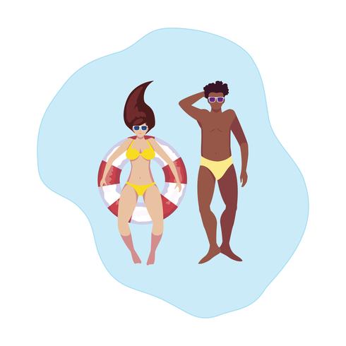 interracial par med baddräkt och flyta i vatten vektor