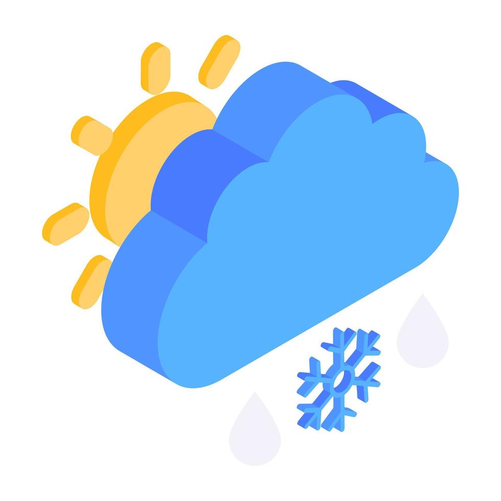 moln med sol och snöflingor som betecknar isometrisk ikon för snöig dag vektor