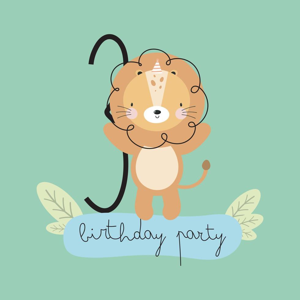 födelsedagsfest, gratulationskort, festinbjudan. barn illustration med söta lejon och en inskription tre. vektor illustration i tecknad stil
