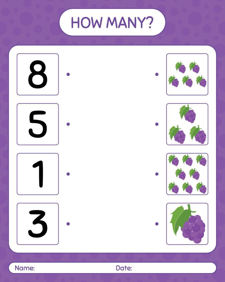 wie viele zählspiel mit traube. arbeitsblatt für vorschulkinder, kinderaktivitätsblatt, druckbares arbeitsblatt vektor