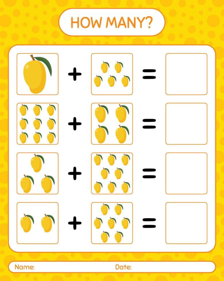 wie viele zählspiel mit mango. arbeitsblatt für vorschulkinder, kinderaktivitätsblatt, druckbares arbeitsblatt vektor